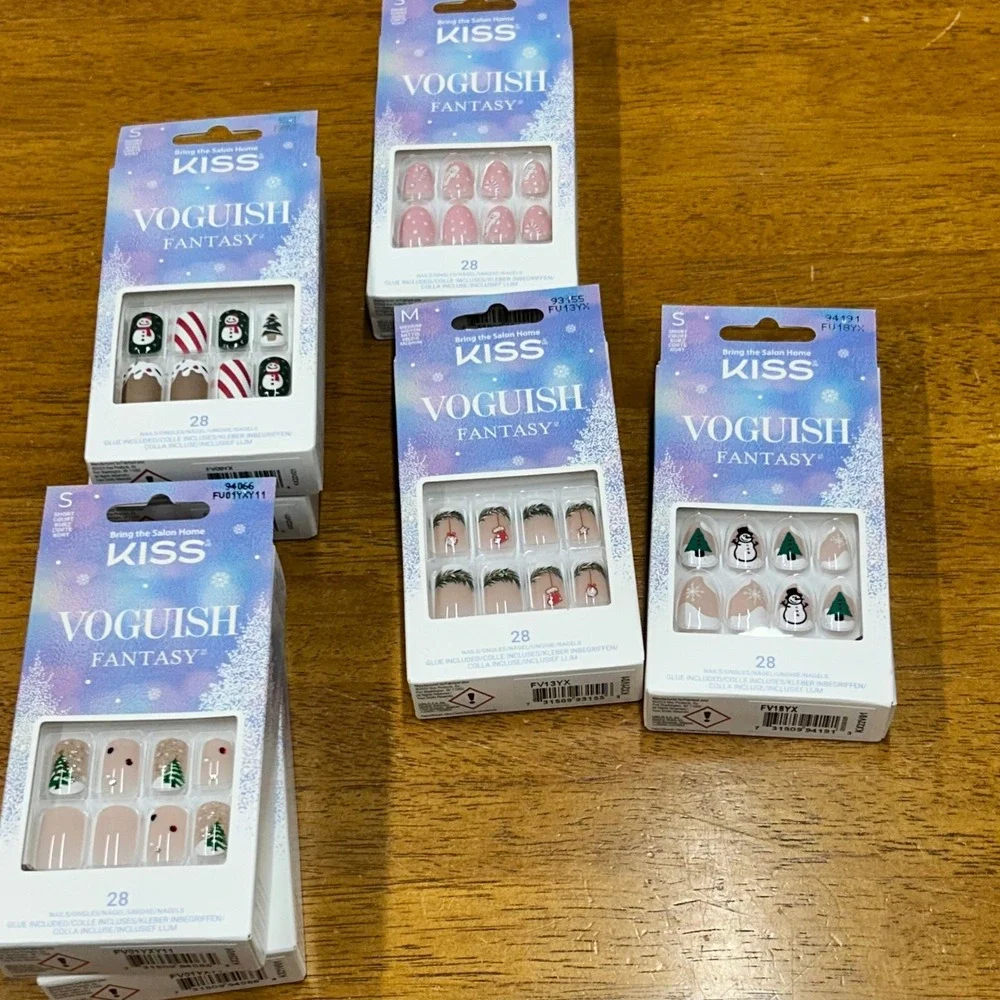 KISS Voguish Fantasy Christmas Press On Nails Lot 7 Packs Holiday Snowman Tree